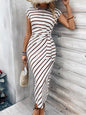 Elegant Waist Strap Striped Round Neck Short Sleeve And Long Pattern Dress Grayceful LLC