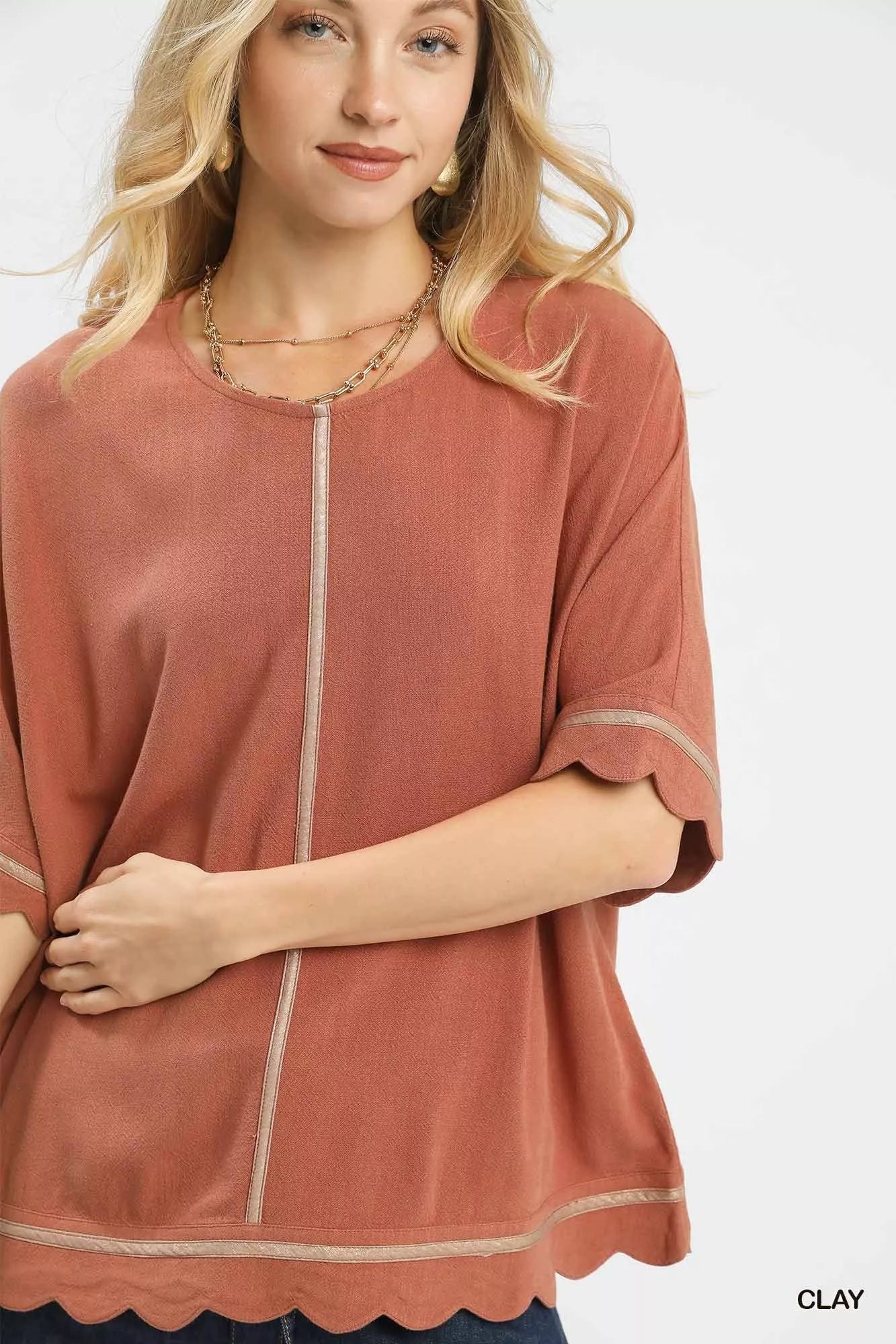 Umgee Linen Blend Scallop Trim Top FitiqueFit