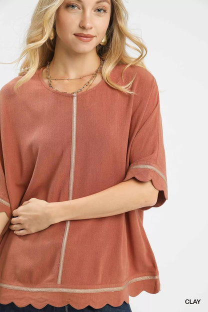 Umgee Linen Blend Scallop Trim Top FitiqueFit