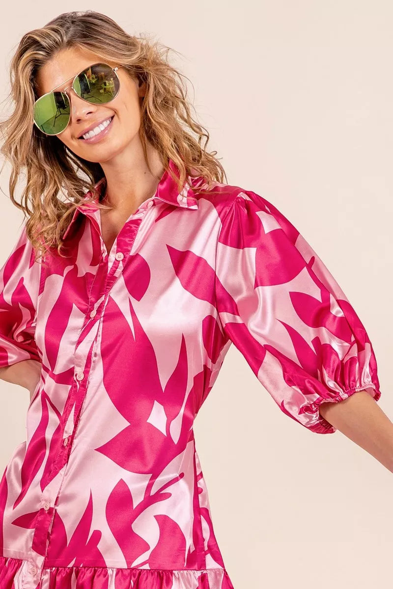 BiBi Leaf Pattern Collared Satin Dress New Era Fashion LLc