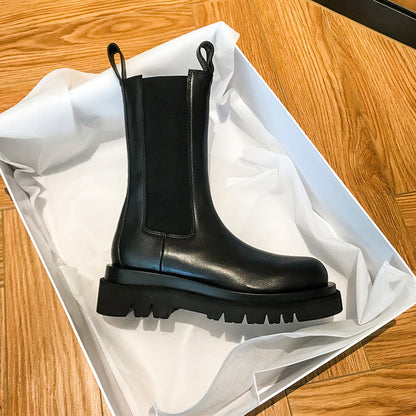 Women’s British-Style Mid-Calf Thick-Soled Leather Boots FitiqueFit