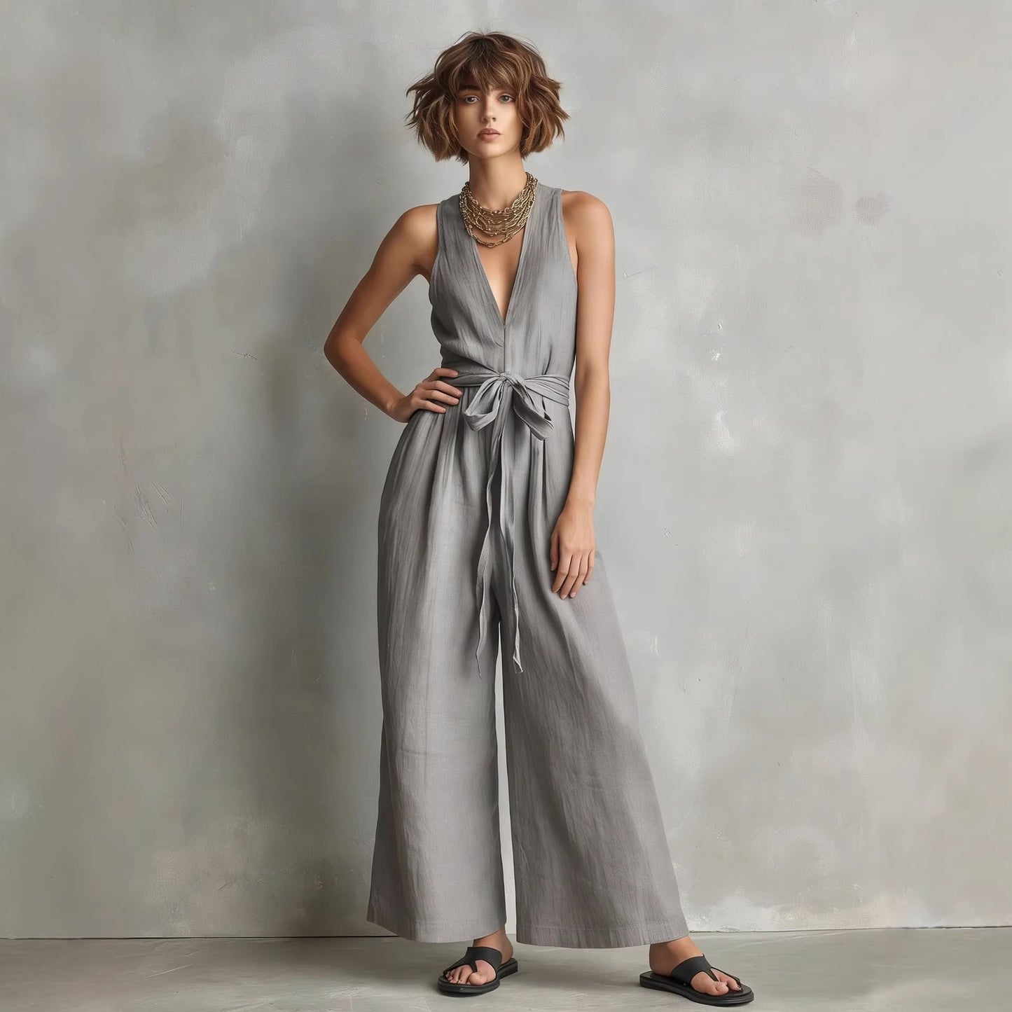 Women's Elegant V-Neck Sleeveless Commuter Jumpsuit FitiqueFit