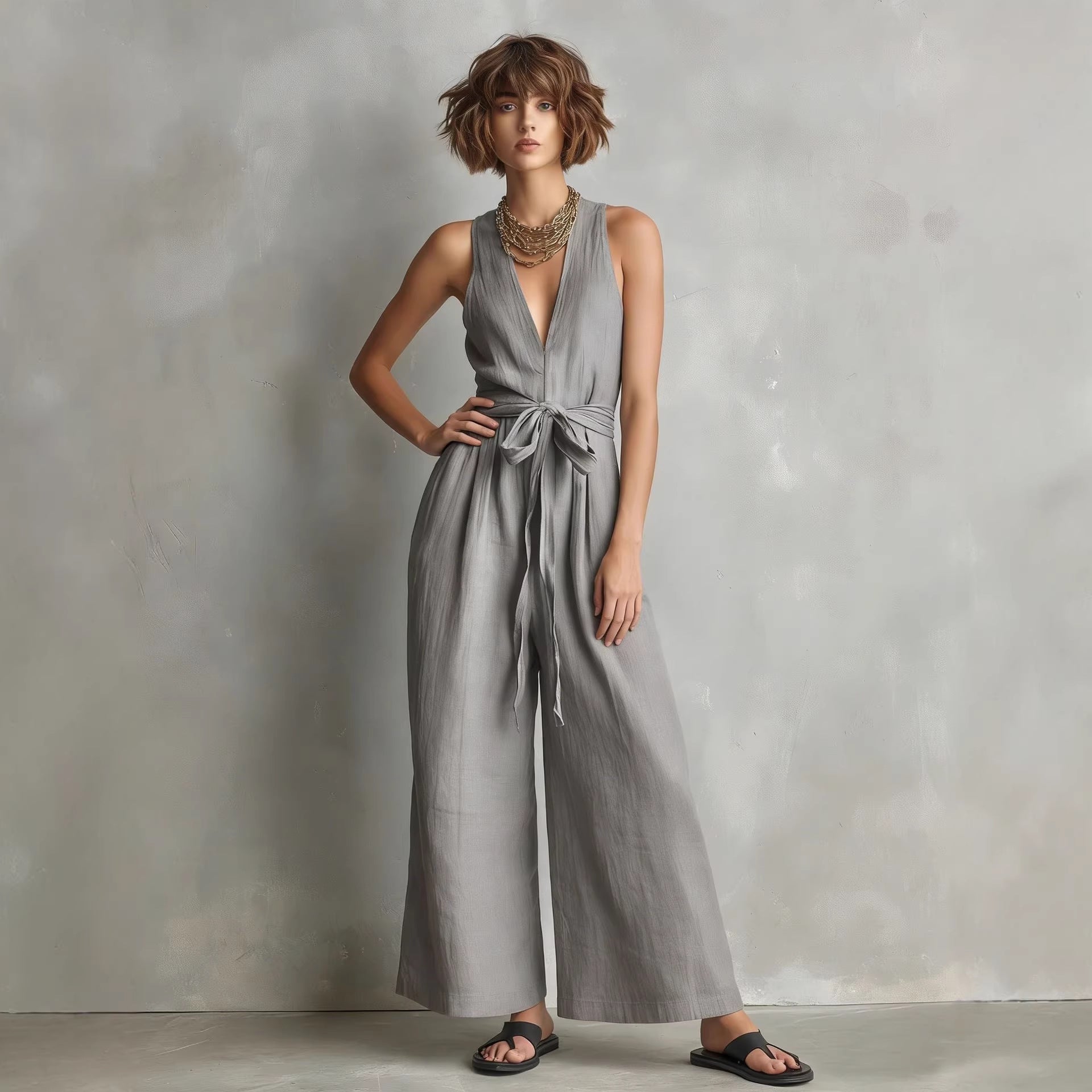 Women's Elegant V-Neck Sleeveless Commuter Jumpsuit FitiqueFit