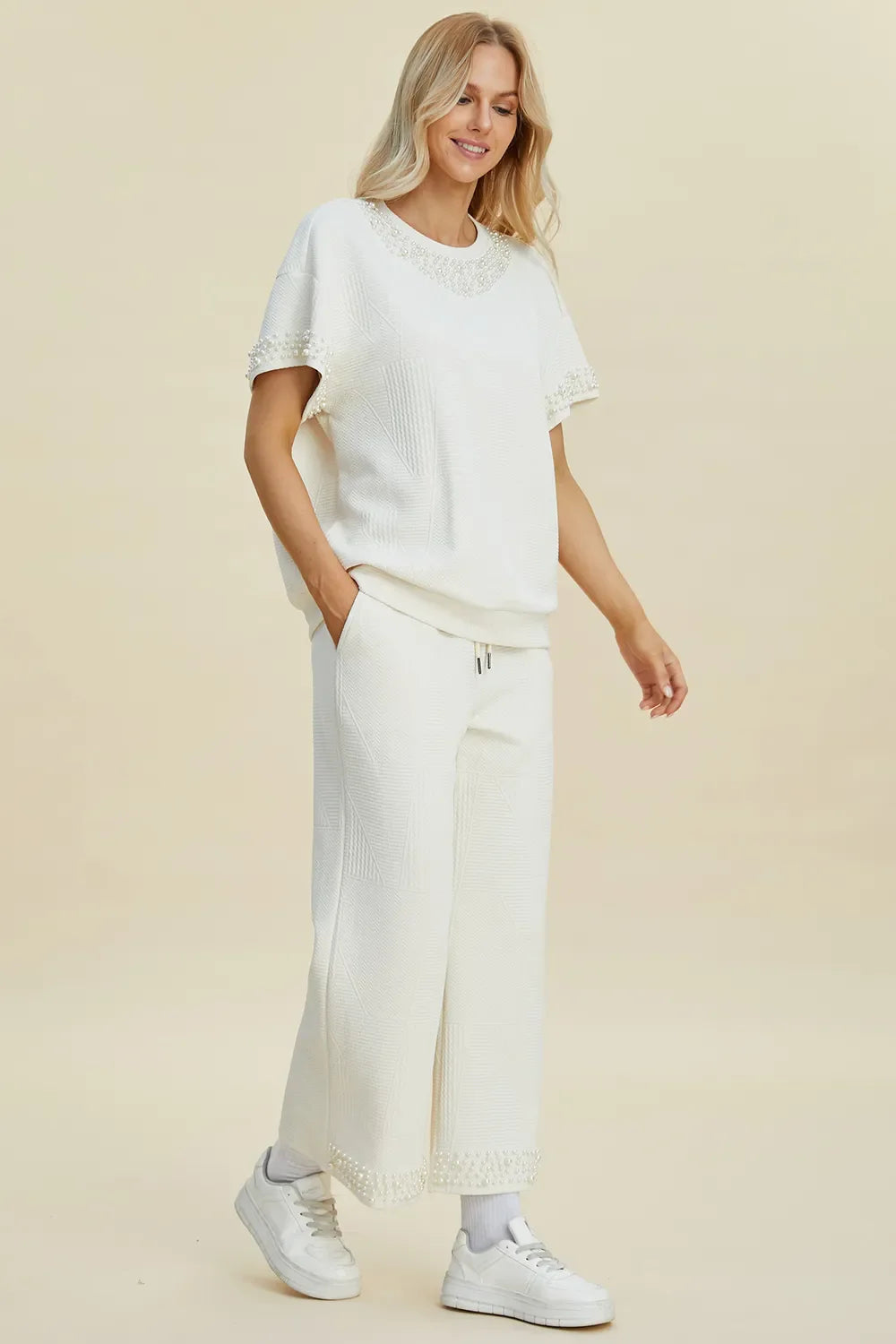 Double Take Full Size Pearl Detail Round Neck Top and Pants Set West2East Surf