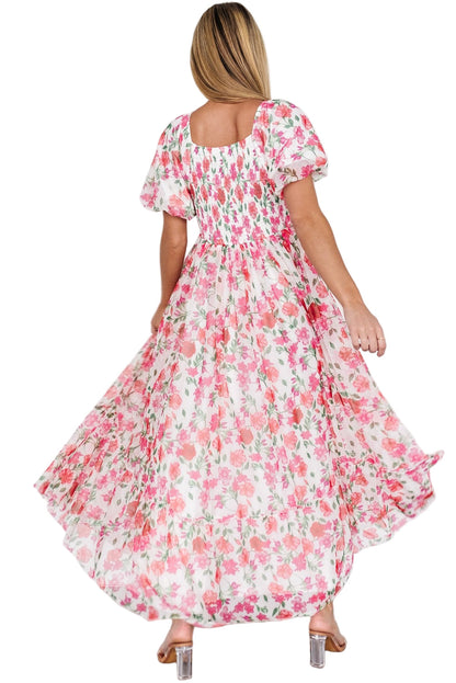 Pink Plus Size Floral Square Neck Puff Sleeve Ruffle Maxi Dress Garden Naked Curves