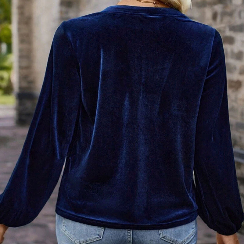 Women's Solid Color V-Neck Button Detail Long Sleeve Pullover FitiqueFit