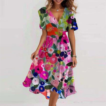 Floral Print A-Line Dress – V-Neck Short Sleeve Midi Dress FitiqueFit