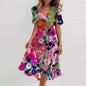 Floral Print A-Line Dress – V-Neck Short Sleeve Midi Dress FitiqueFit