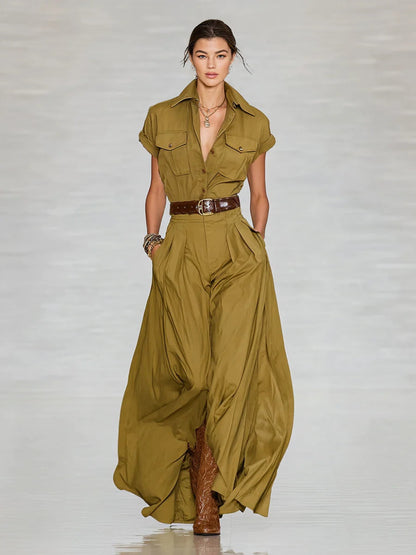Women's Short-Sleeve Shirt Maxi Dress With Pockets – A-Line Stand Collar FitiqueFit