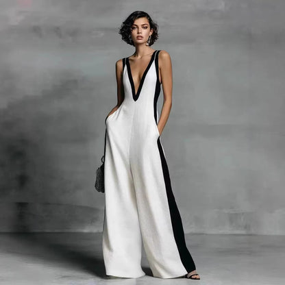 Women's Sleeveless V-Neck Contrast Color Wide-Leg Jumpsuit FitiqueFit