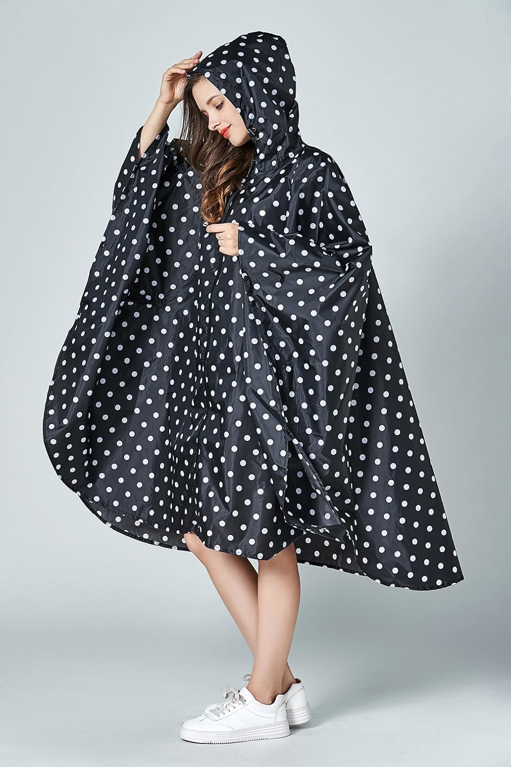 Womens Rain Poncho Stylish Polyester Waterproof Raincoat Free Size with Hood Zipper