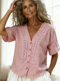 Women's Loose-Fit Faux Linen Embroidered Button-Up Top FitiqueFit