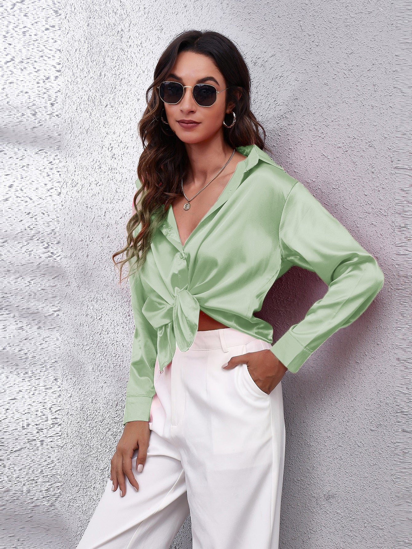 Hot Style In-Kind Shooting Satin Shirt Women'S Satin Imitation Long-Sleeved Shirt New European And American Cross-Border Women'S Clothing NovaCart