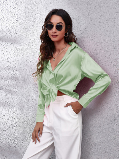Hot Style In-Kind Shooting Satin Shirt Women'S Satin Imitation Long-Sleeved Shirt New European And American Cross-Border Women'S Clothing NovaCart