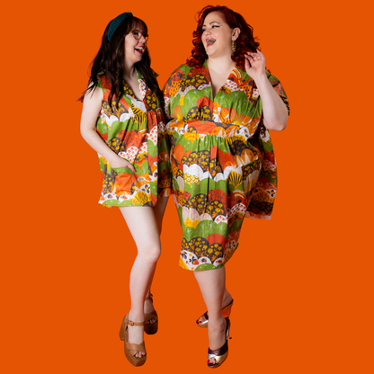 Glam Mini House Dress in Earth-toned Meadow Blue Platypus Clothing