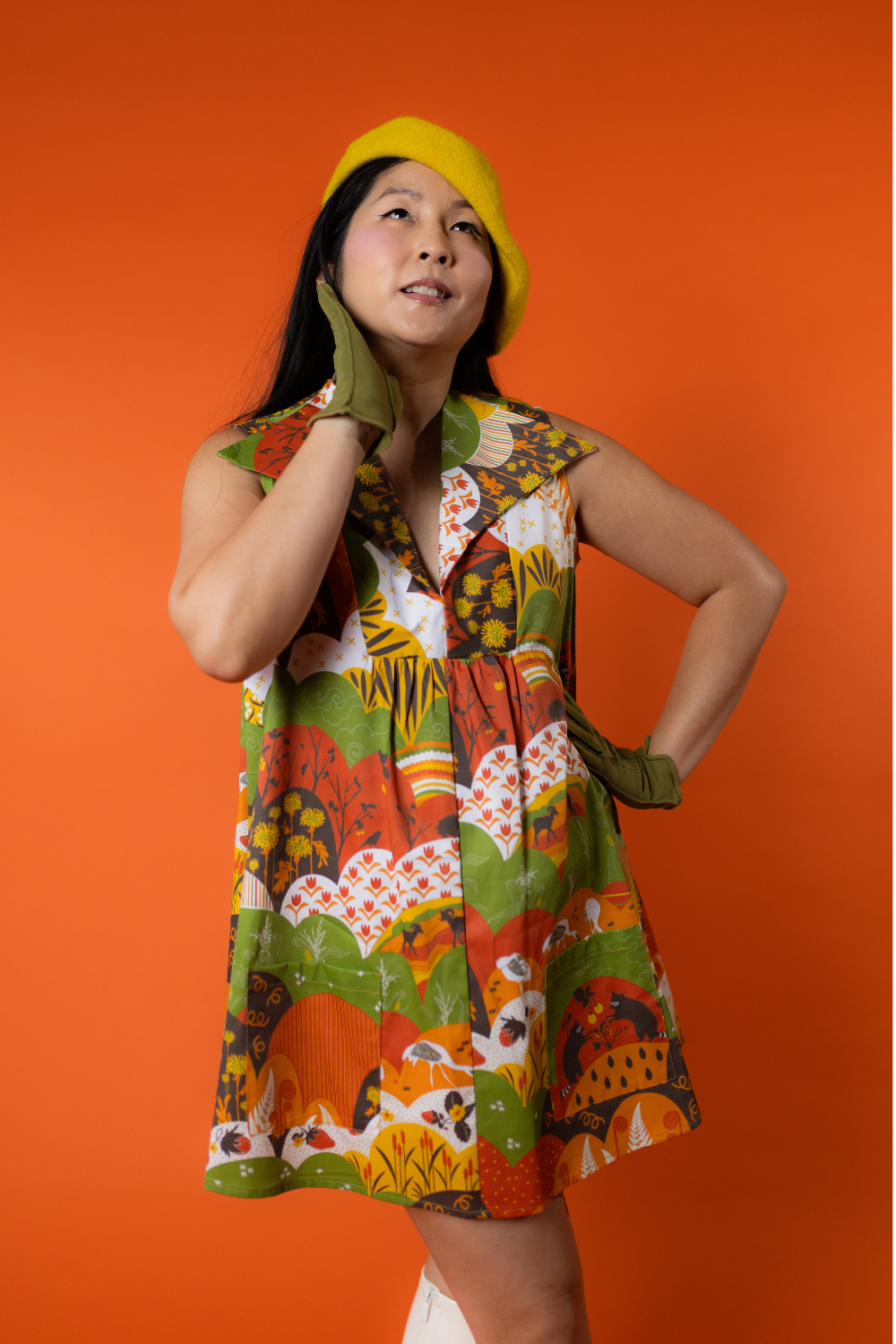 Glam Mini House Dress in Earth-toned Meadow Blue Platypus Clothing