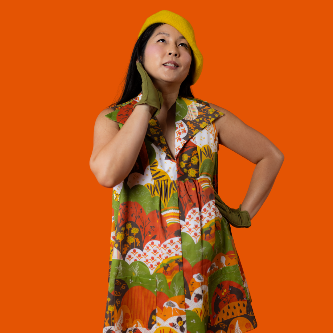 Glam Mini House Dress in Earth-toned Meadow Blue Platypus Clothing