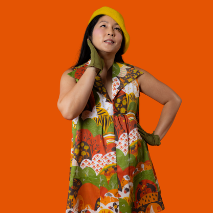 Glam Mini House Dress in Earth-toned Meadow Blue Platypus Clothing