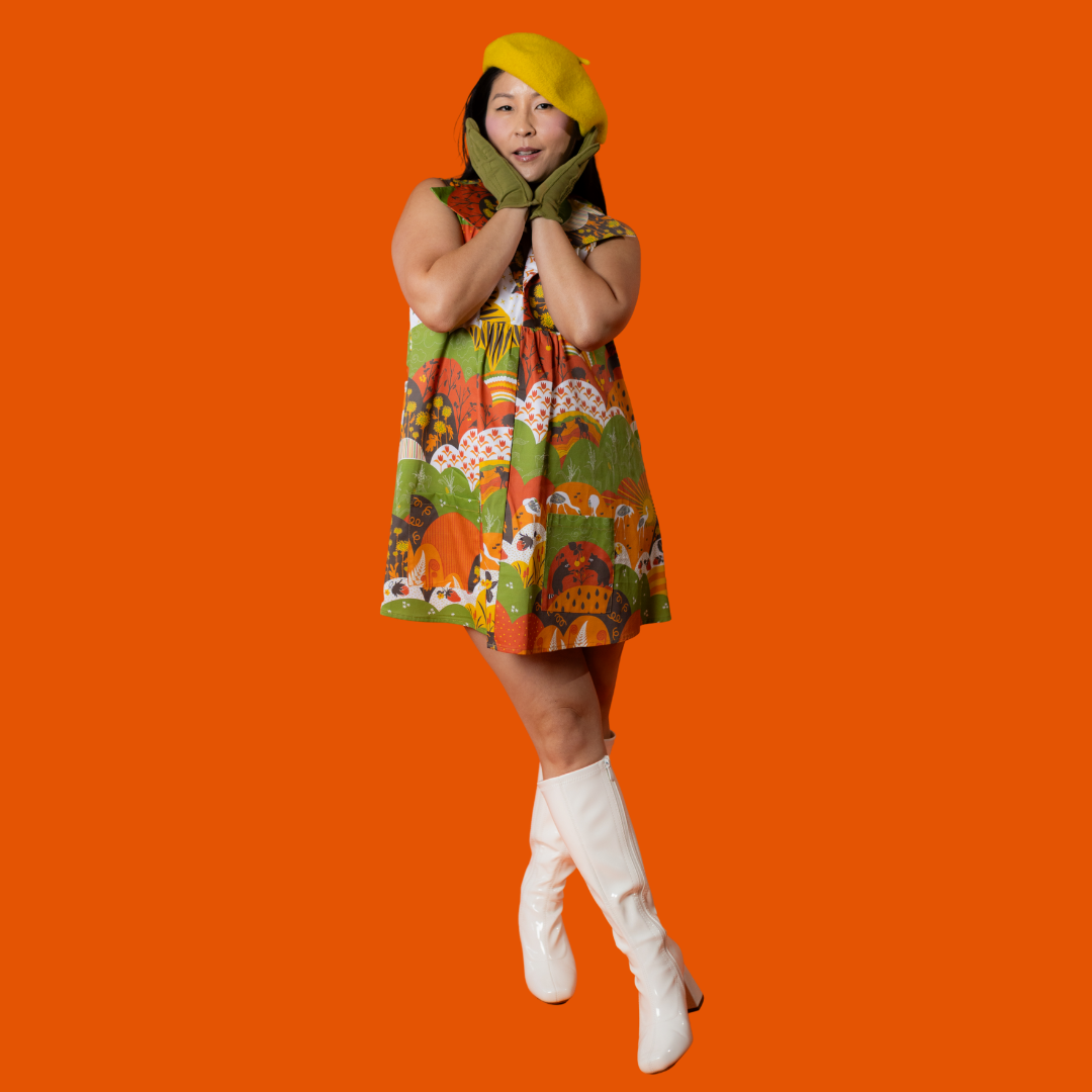 Glam Mini House Dress in Earth-toned Meadow Blue Platypus Clothing