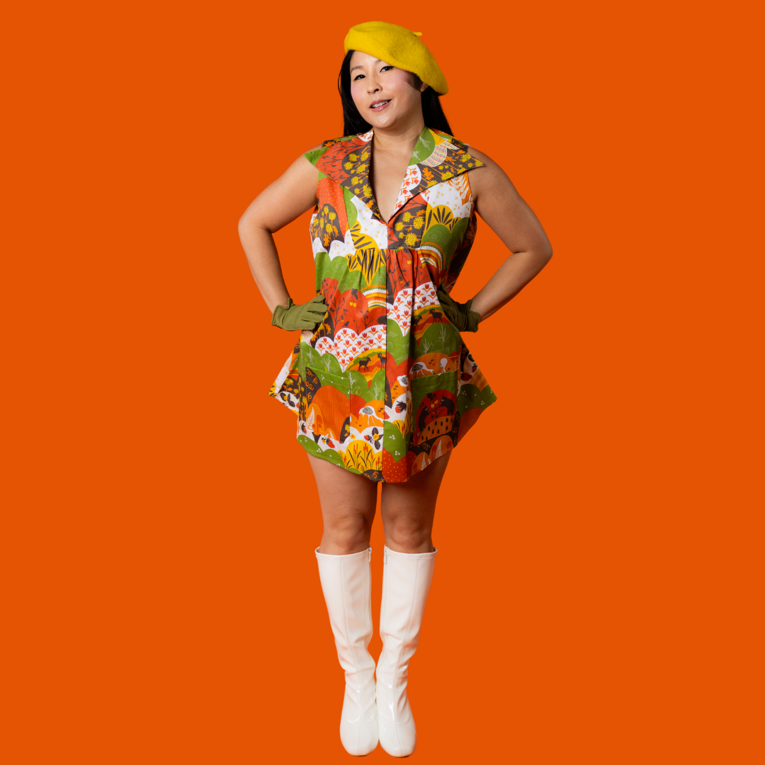 Glam Mini House Dress in Earth-toned Meadow Blue Platypus Clothing