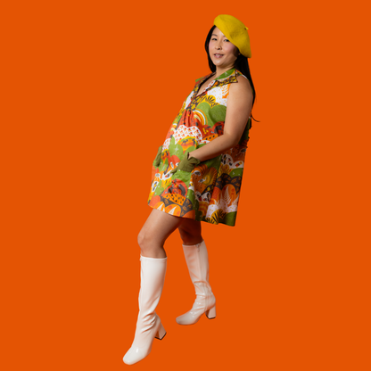 Glam Mini House Dress in Earth-toned Meadow Blue Platypus Clothing