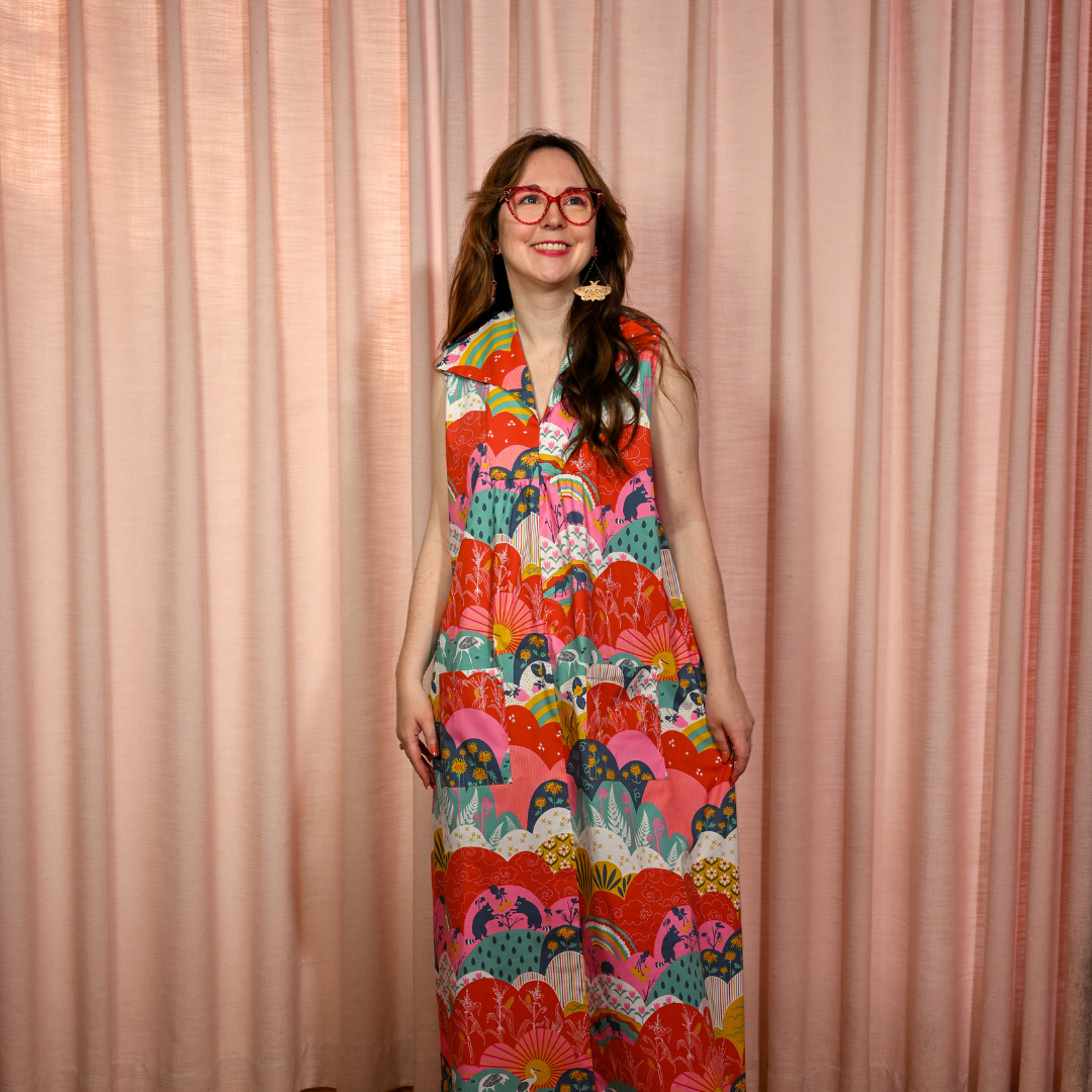 Glam Maxi House Dress in Mint & Strawberry Meadow Blue Platypus Clothing