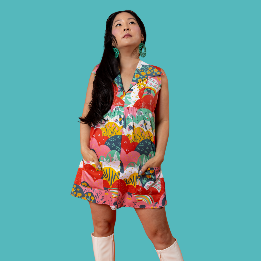 Glam Mini House Dress in Mint & Strawberry Meadow Blue Platypus Clothing