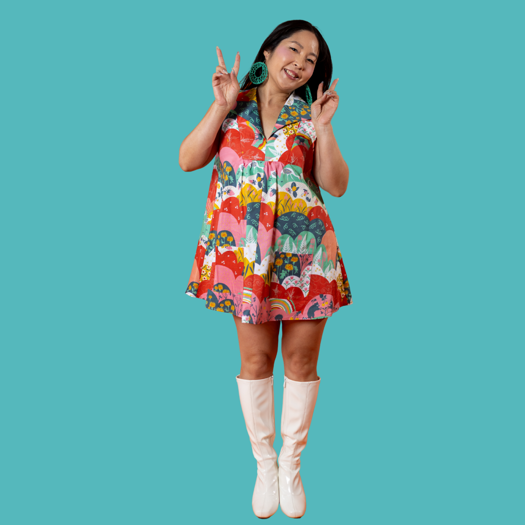 Glam Mini House Dress in Mint & Strawberry Meadow Blue Platypus Clothing