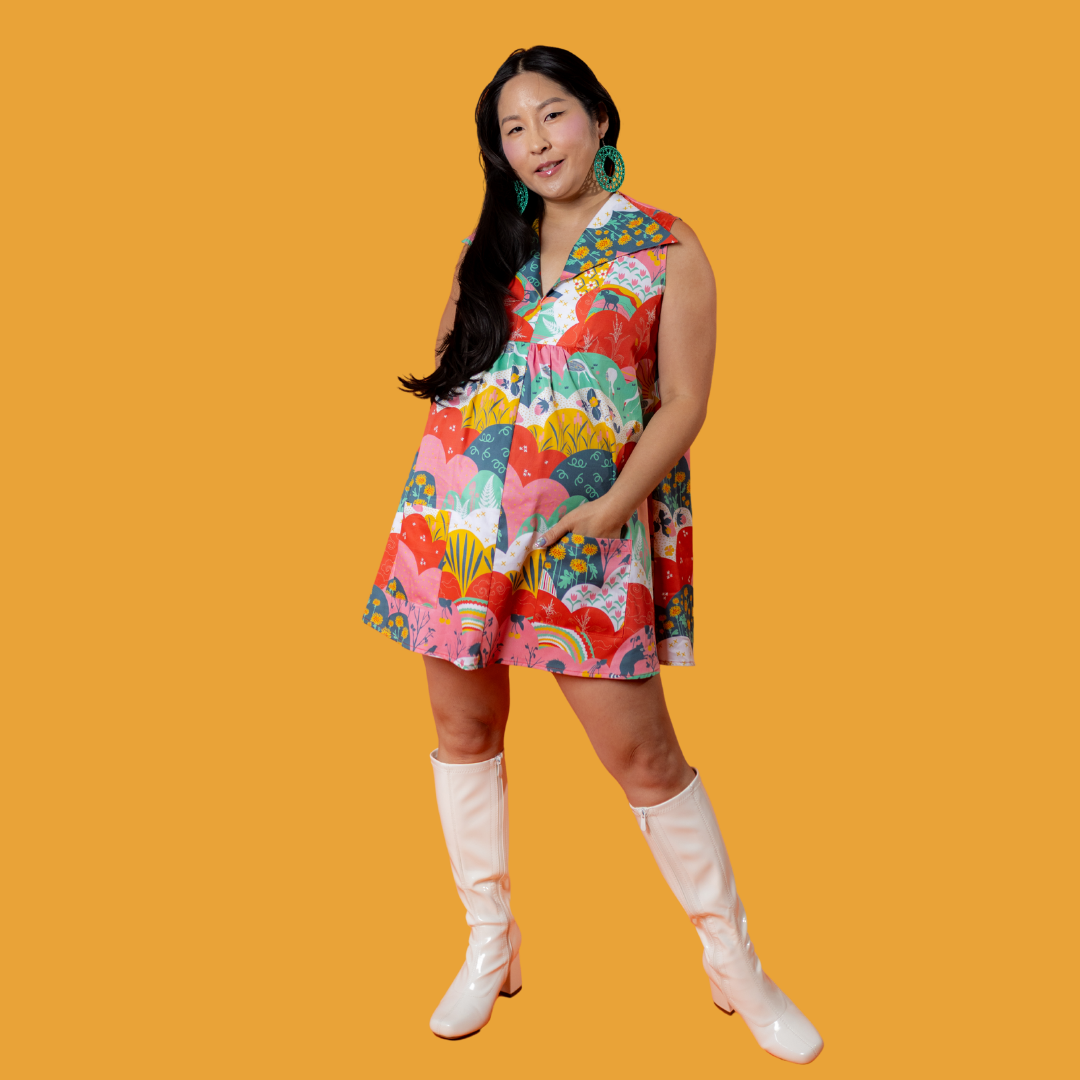 Glam Mini House Dress in Mint & Strawberry Meadow Blue Platypus Clothing