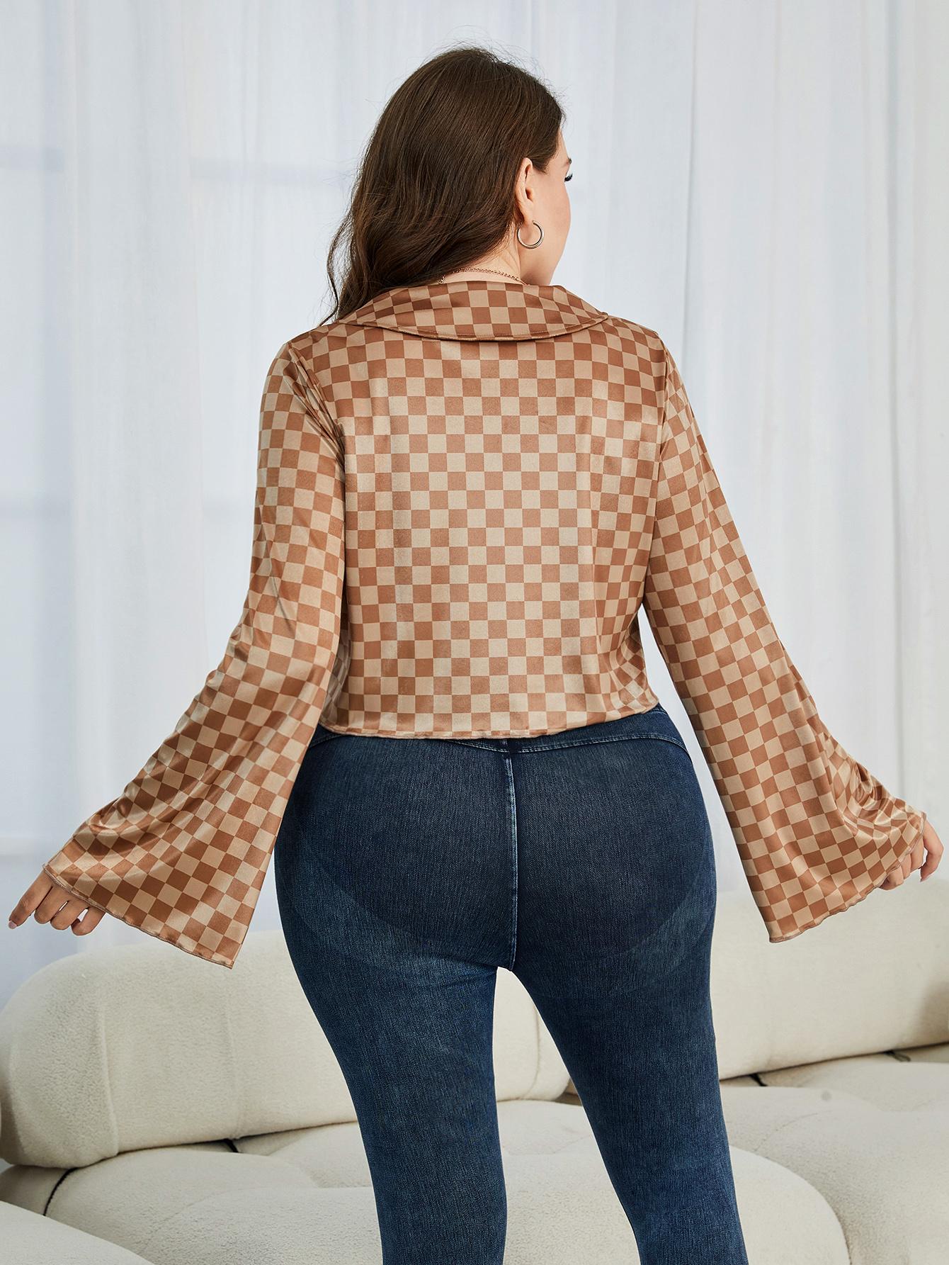 Plus Size Checkered Johnny Collar Flare Sleeve Shirt See size chart under “more details” The Fashion Celestial