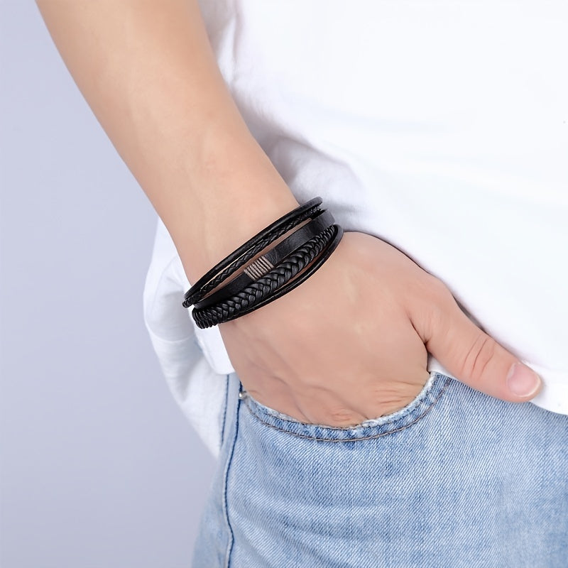 [Stylish Leather Bracelet] Stylish Durable 1pc Men's Hand-Woven Multi-Layer Leather Bracelet | with Buckle Closure, Versatile Accessory for Casual or Formal Wear NovaCart