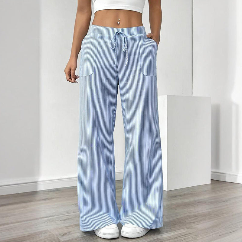 Women's Striped Print Straight Wide Leg Pockets Pants Casual Long Pants FitiqueFit