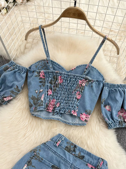Floral Print Sweetheart Neck Cami and Skirt Denim Set New Era Fashion LLc