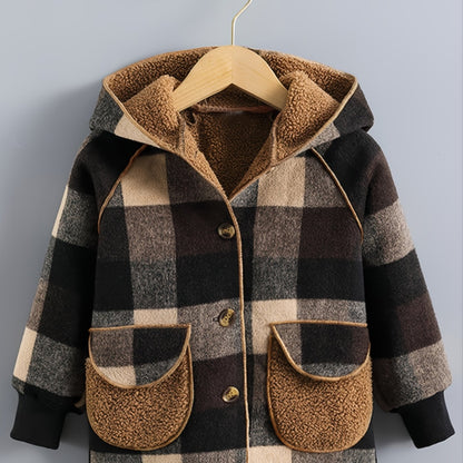 Boys' Long Sleeve Plaid Fleece-Lined Jacket with Button Front & Pockets - Cozy Fall/Winter Warmth, Casual Cardigan Collar, Brown/ Tartan Pattern, Machine Washable For Outdoor Play & Casual Attire, Winter Jacket For Boys, Fall NovaCart