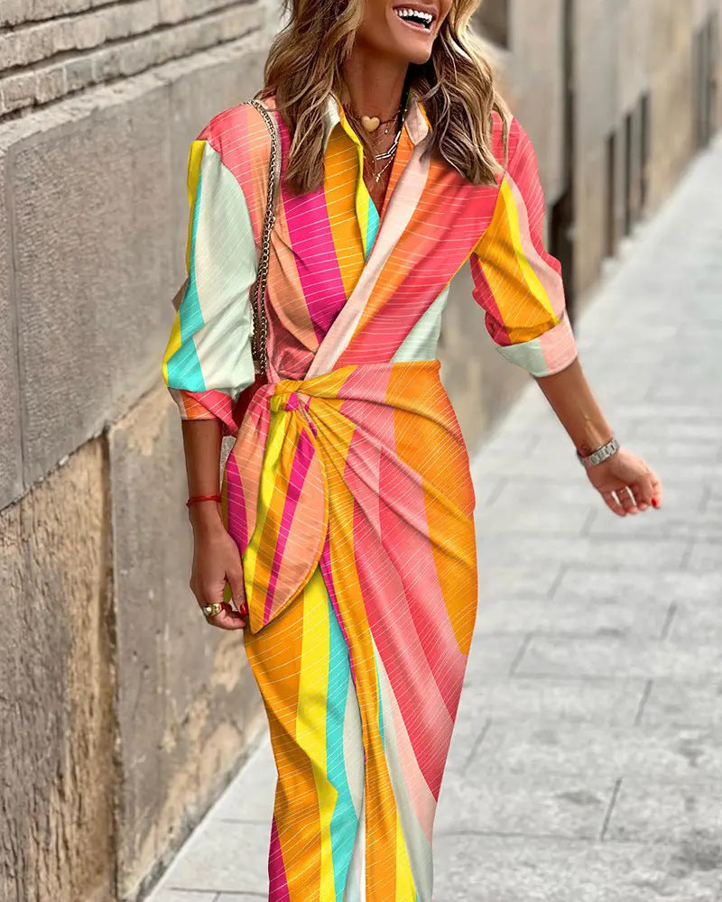 European And American Style Cardigan Lace-up Striped Printed Dress Grayceful LLC