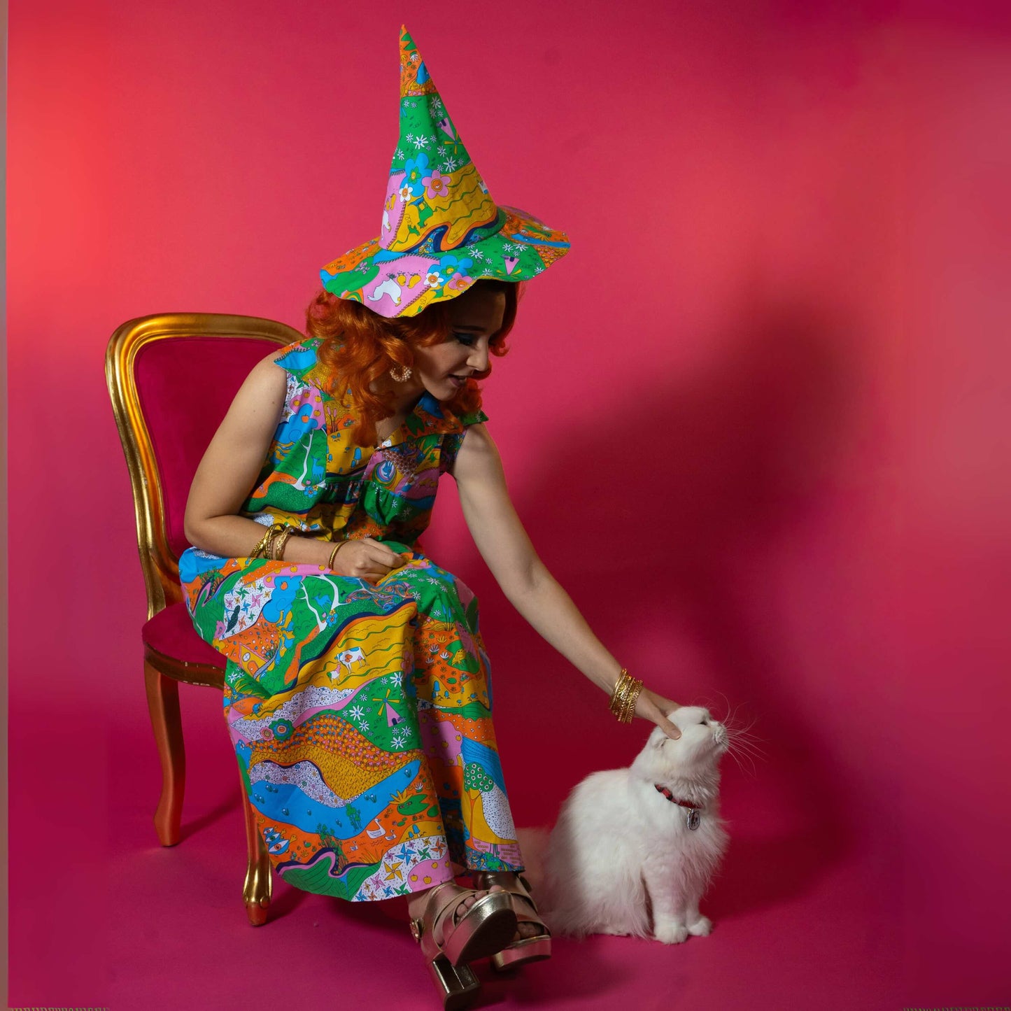 Glam Maxi House Dress in Rainbow Landscape Blue Platypus Clothing