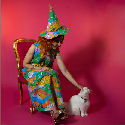 Glam Maxi House Dress in Rainbow Landscape Blue Platypus Clothing