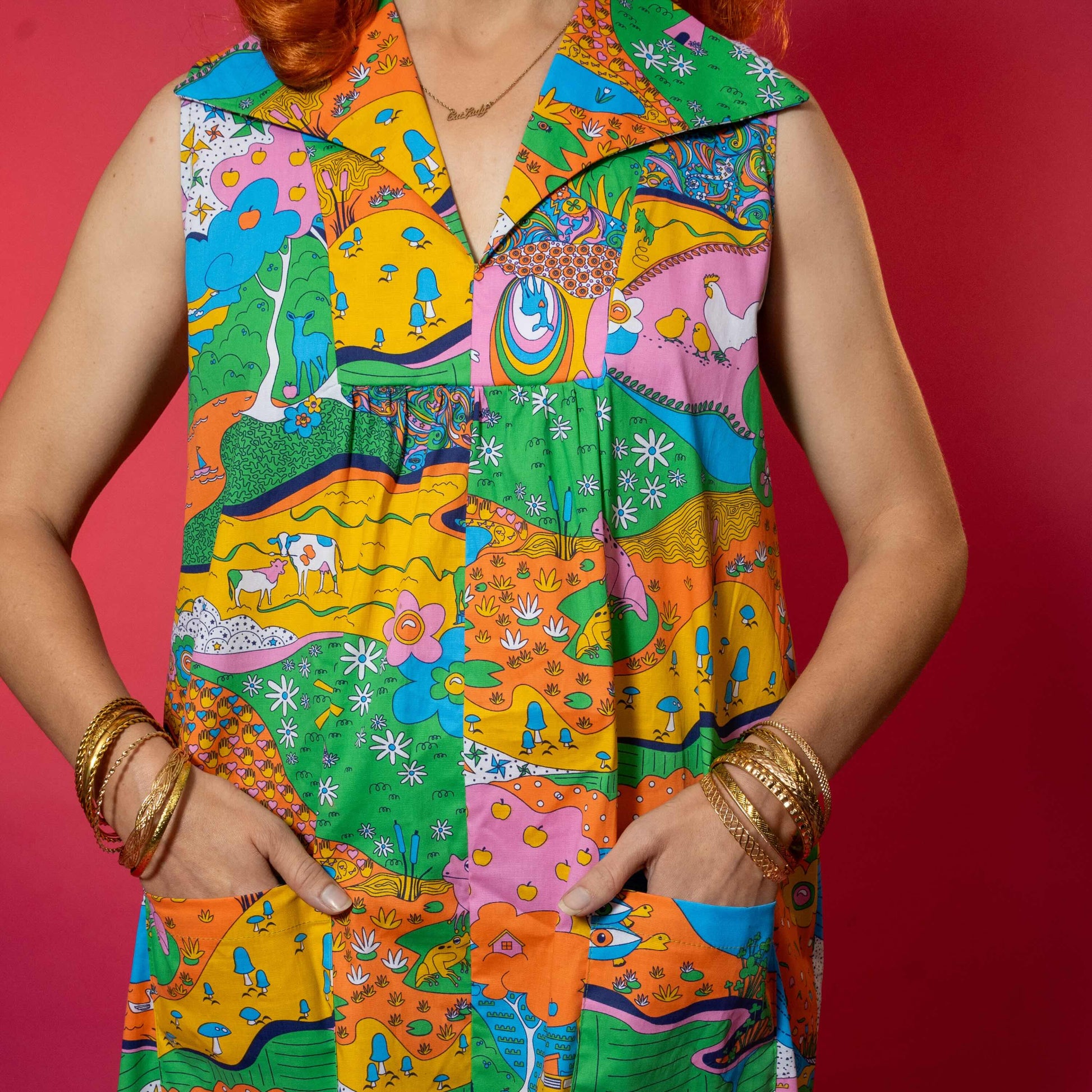 Glam Maxi House Dress in Rainbow Landscape Blue Platypus Clothing
