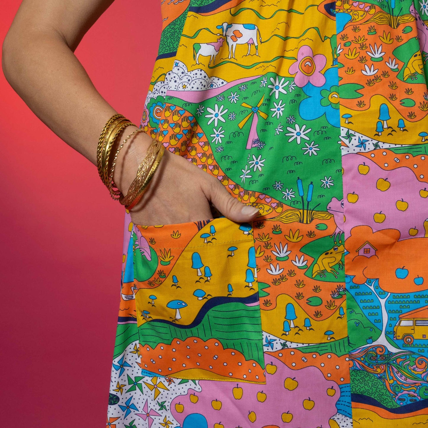 Glam Maxi House Dress in Rainbow Landscape Blue Platypus Clothing