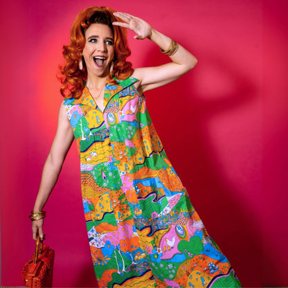 Glam Maxi House Dress in Rainbow Landscape Blue Platypus Clothing