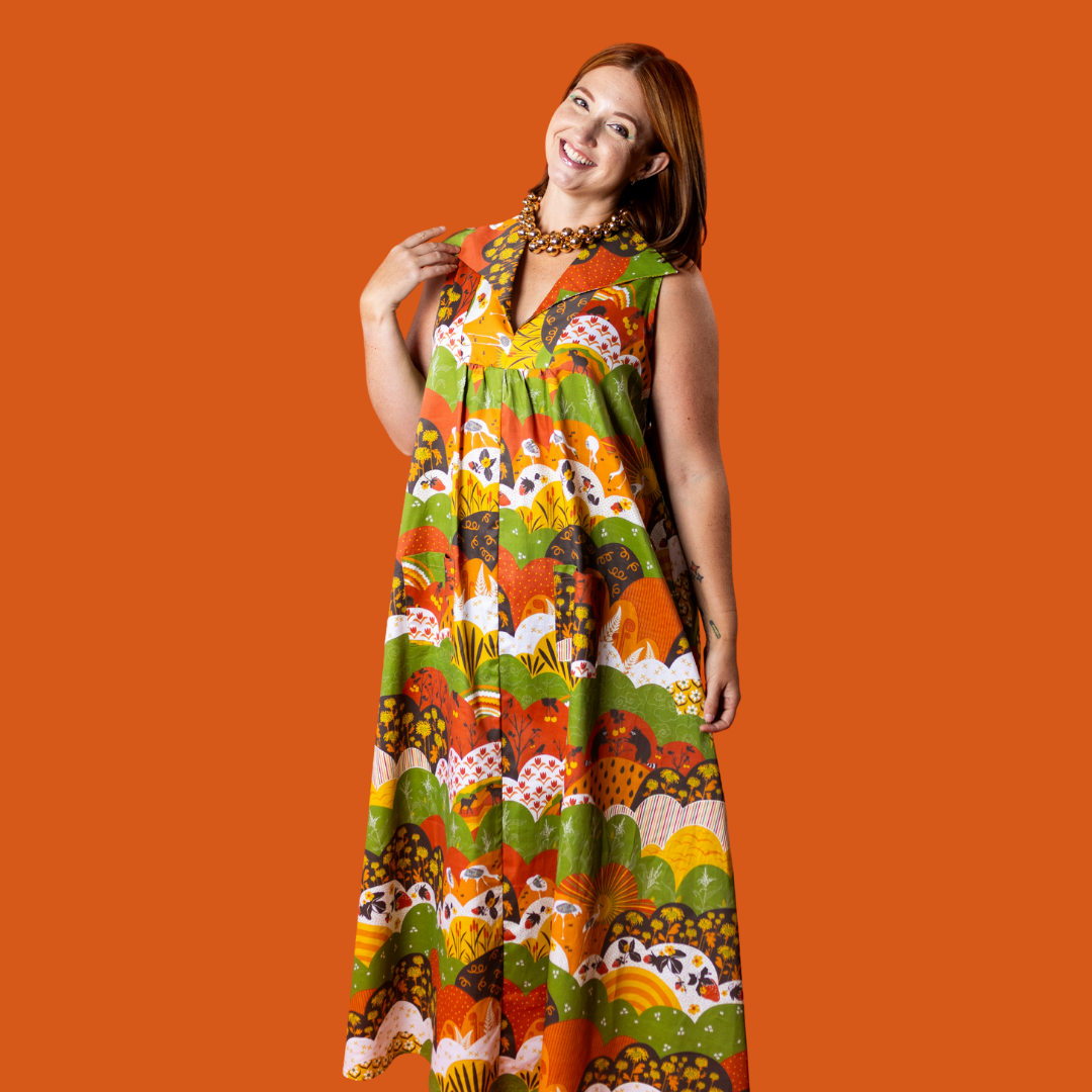 Glam Maxi House Dress in Mint & Strawberry Meadow Blue Platypus Clothing