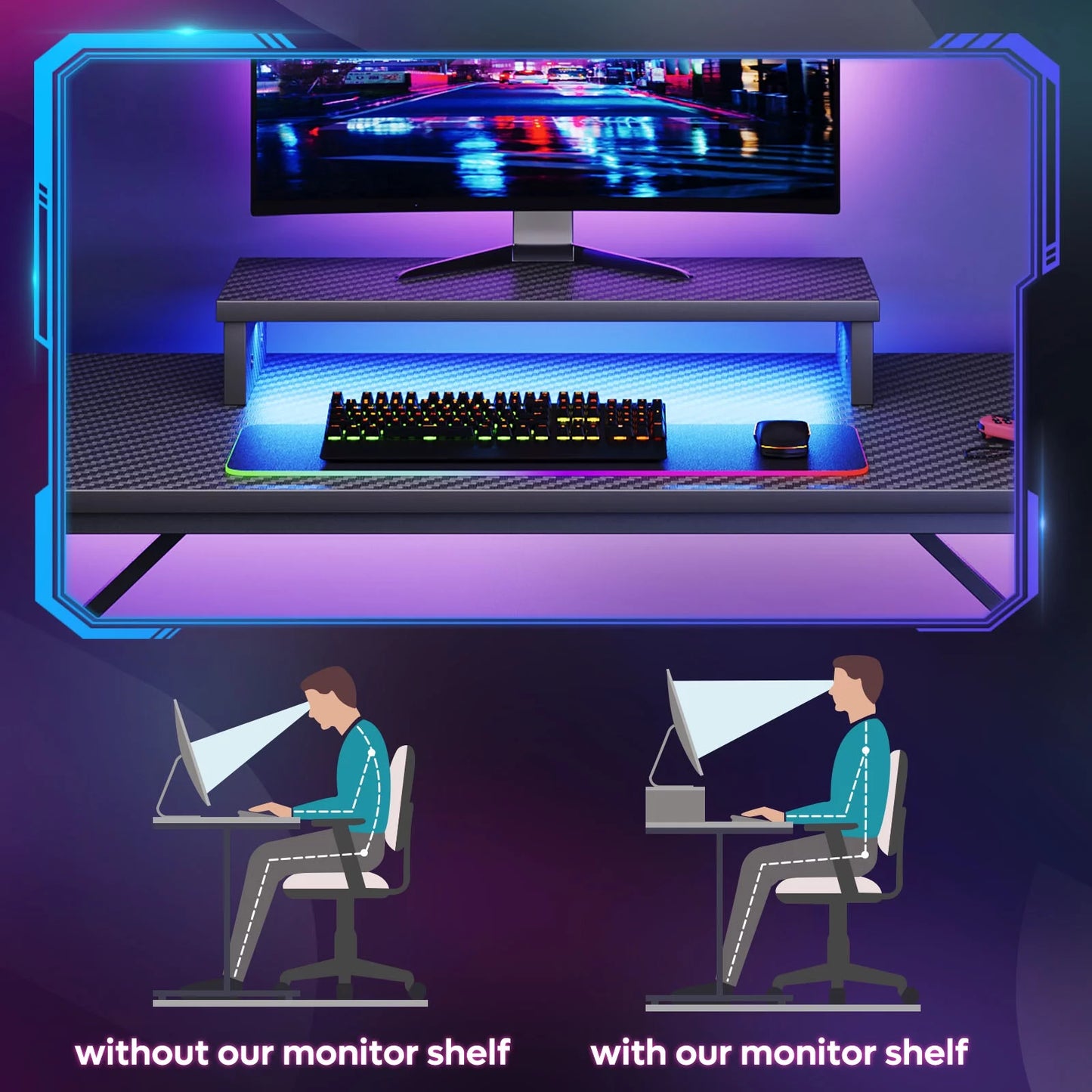 42" PC Computer Gaming Desk with LED Lights & Monitor Stand & Headphone Hook & Cup Holder, Black