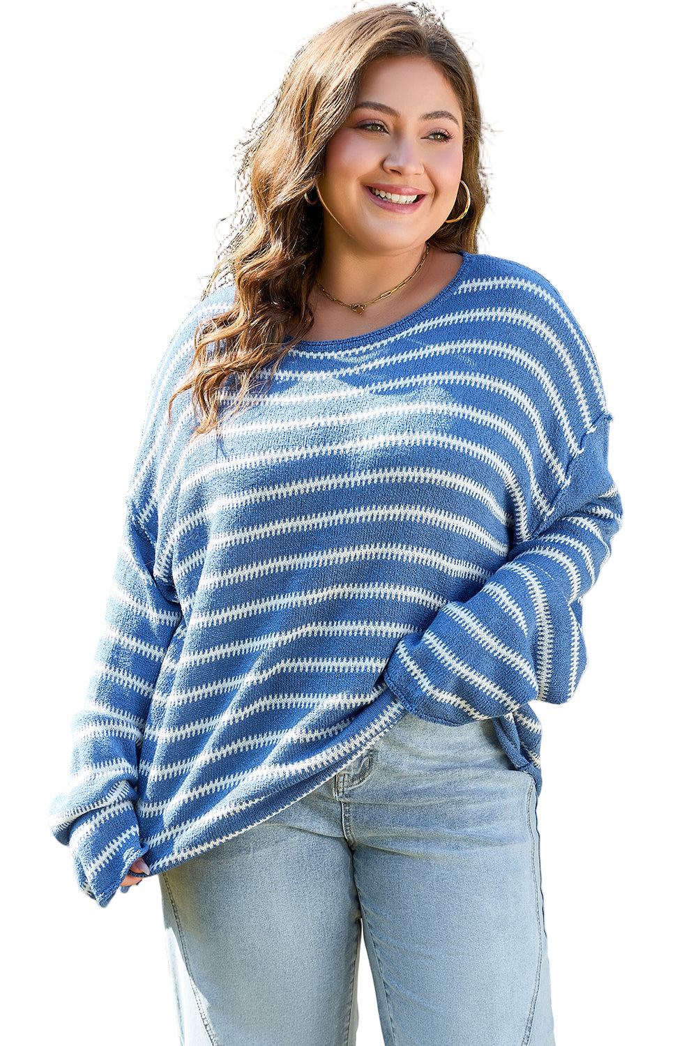 Sky Blue Stripe Drop Shoulder O Neck Plus Size Sweater Garden Naked Curves