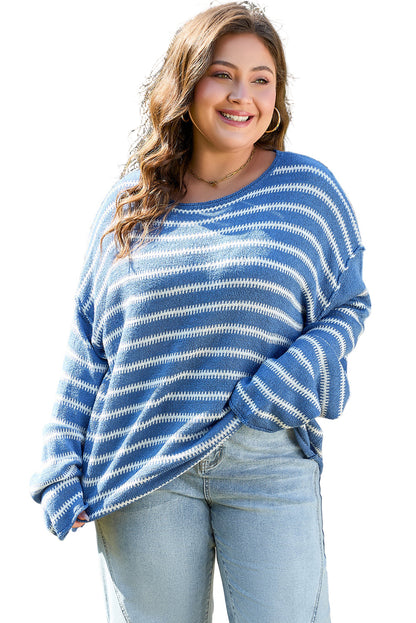 Sky Blue Stripe Drop Shoulder O Neck Plus Size Sweater Garden Naked Curves