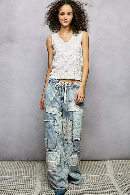 POL Textured Knit V-Neck Tank with Lace Trim Montret