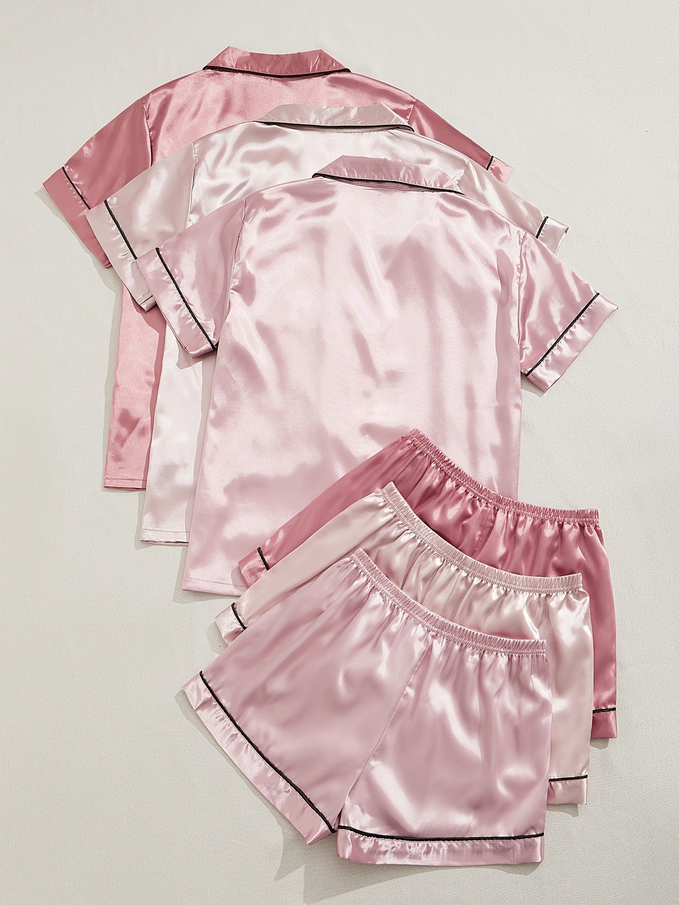 [Three Suits] Multicolor Variety of Short-sleeved Shorts Solid Color Imitation Y Satin PJ Set Women's Two-piece Suit NovaCart