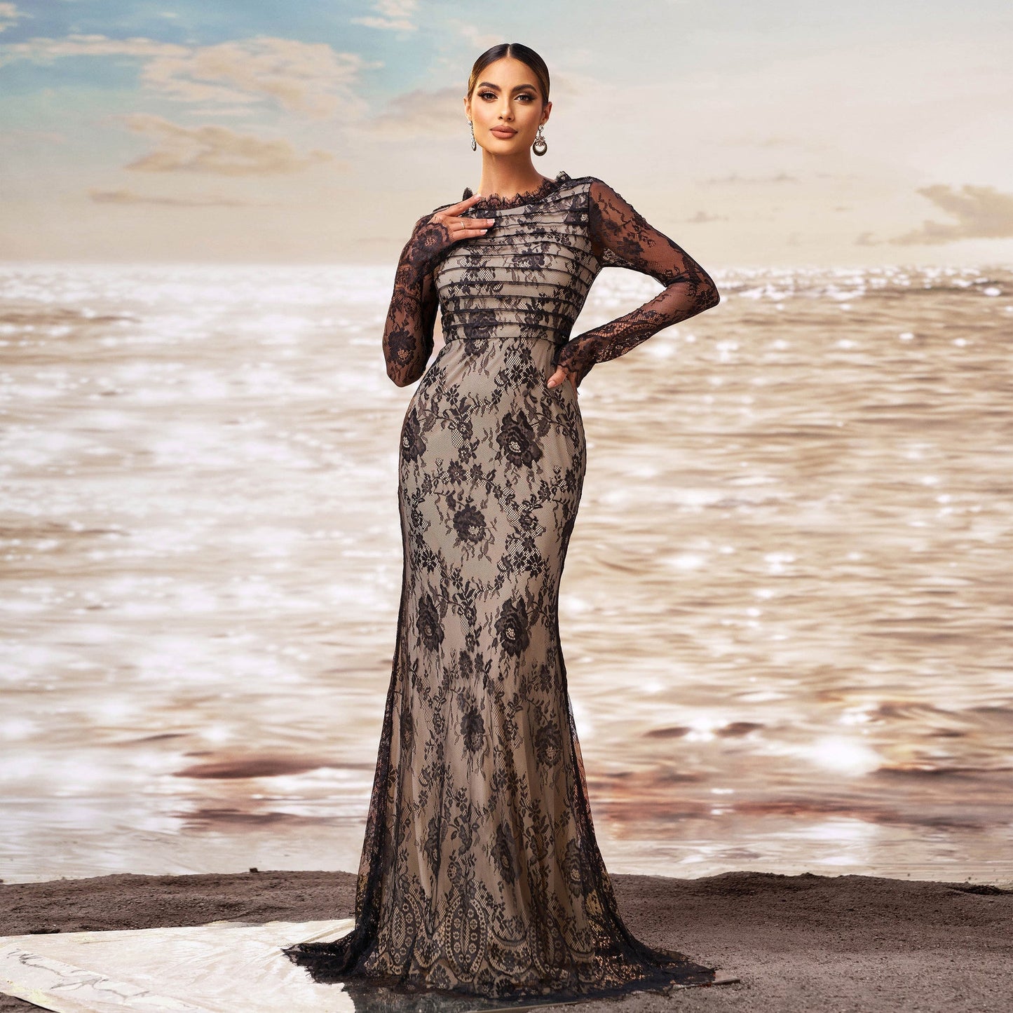 Long Sleeve Round Collar Gauze Sheath Fishtail Evening Dress Grayceful LLC