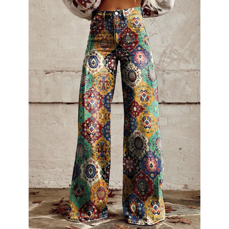 Women's Printed Flare Pants – Mid-Waist Full Length Plus Size FitiqueFit