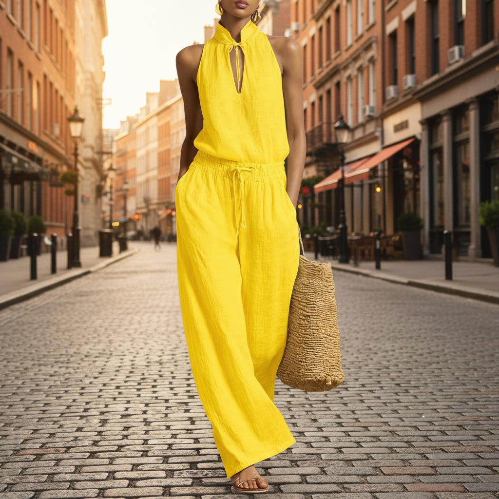 Women's Cotton Linen Sleeveless Top & Wide-Leg Pants Two-Piece Set FitiqueFit