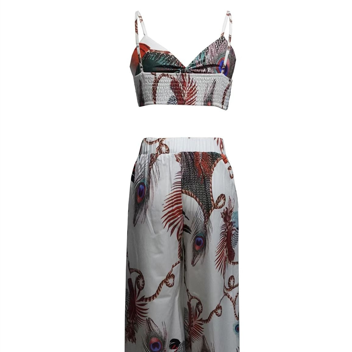 Women's Feather Print Crop Top & Pants Set – 2-Piece Vacation Outfit FitiqueFit